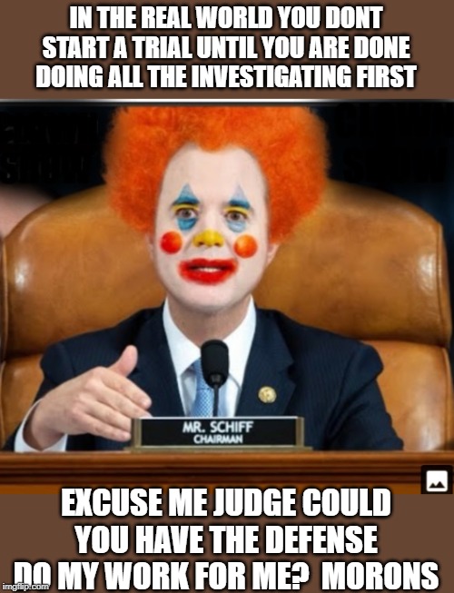 Insane Schiffty Clownshit | IN THE REAL WORLD YOU DONT START A TRIAL UNTIL YOU ARE DONE DOING ALL THE INVESTIGATING FIRST; EXCUSE ME JUDGE COULD YOU HAVE THE DEFENSE DO MY WORK FOR ME?  MORONS | image tagged in insane schiffty clownshit | made w/ Imgflip meme maker