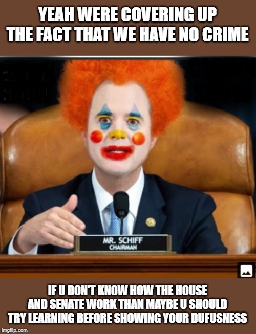 Insane Schiffty Clownshit | YEAH WERE COVERING UP THE FACT THAT WE HAVE NO CRIME; IF U DON'T KNOW HOW THE HOUSE AND SENATE WORK THAN MAYBE U SHOULD TRY LEARNING BEFORE SHOWING YOUR DUFUSNESS | image tagged in insane schiffty clownshit | made w/ Imgflip meme maker