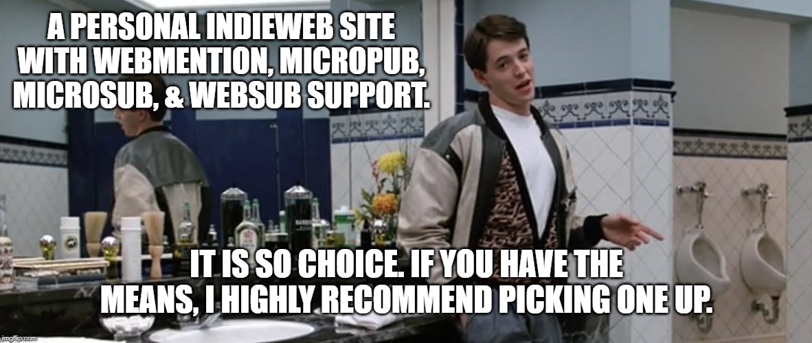 It is so choice. | A PERSONAL INDIEWEB SITE WITH WEBMENTION, MICROPUB, MICROSUB, & WEBSUB SUPPORT. IT IS SO CHOICE. IF YOU HAVE THE MEANS, I HIGHLY RECOMMEND PICKING ONE UP. | image tagged in it is so choice | made w/ Imgflip meme maker
