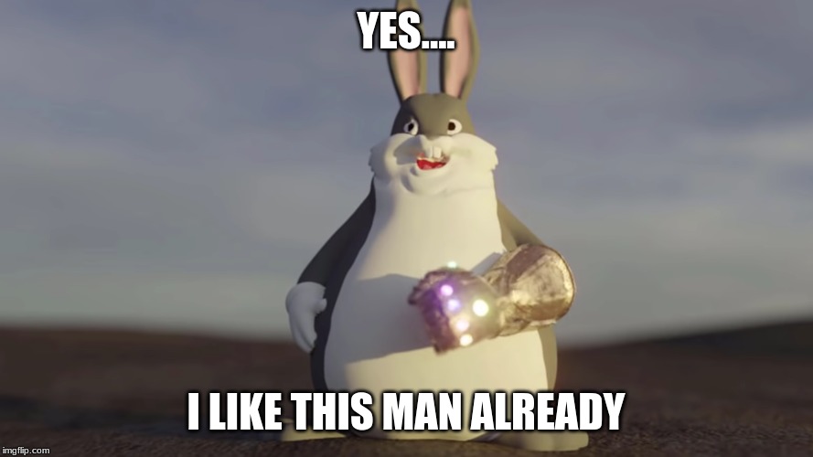 Big Chungus W/t Infinity Gantlet | YES.... I LIKE THIS MAN ALREADY | image tagged in big chungus w/t infinity gantlet | made w/ Imgflip meme maker