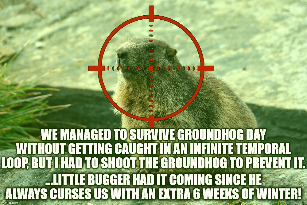 Groundhog Day Time Loop Averted | WE MANAGED TO SURVIVE GROUNDHOG DAY WITHOUT GETTING CAUGHT IN AN INFINITE TEMPORAL LOOP, BUT I HAD TO SHOOT THE GROUNDHOG TO PREVENT IT. ...LITTLE BUGGER HAD IT COMING SINCE HE ALWAYS CURSES US WITH AN EXTRA 6 WEEKS OF WINTER! | image tagged in groundhog in crosshairs | made w/ Imgflip meme maker