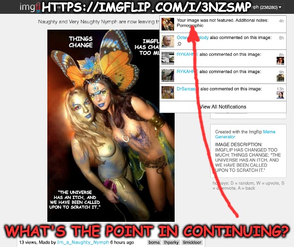 Naughty and Very Naughty Nymph have now left imgflip... | HTTPS://IMGFLIP.COM/I/3NZSMP WHAT'S THE POINT IN CONTINUING? | image tagged in thparky,kewllew,bomma,timiddeer,giveuahint,heavencanwait | made w/ Imgflip meme maker