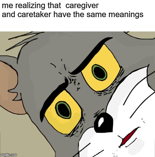 Unsettled Tom Meme | me realizing that  caregiver and caretaker have the same meanings | image tagged in memes,unsettled tom | made w/ Imgflip meme maker