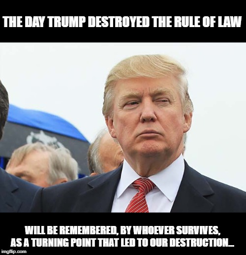 #TheDayTrumpKilledTheRuleOfLaw | THE DAY TRUMP DESTROYED THE RULE OF LAW; WILL BE REMEMBERED, BY WHOEVER SURVIVES, AS A TURNING POINT THAT LED TO OUR DESTRUCTION... | image tagged in thedaytrumpkilledtheruleoflaw | made w/ Imgflip meme maker
