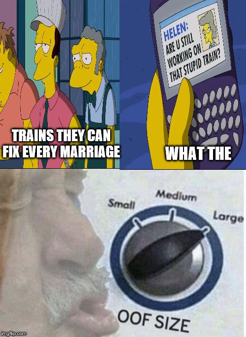 WHAT THE; TRAINS THEY CAN FIX EVERY MARRIAGE image tagged in oof size large made w/ I...