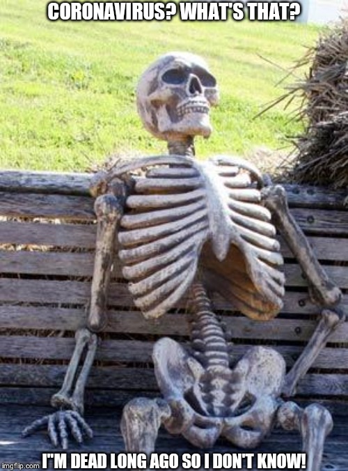 Waiting Skeleton | CORONAVIRUS? WHAT'S THAT? I"M DEAD LONG AGO SO I DON'T KNOW! | image tagged in memes,waiting skeleton | made w/ Imgflip meme maker