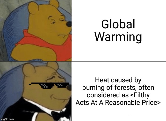 Tuxedo Winnie The Pooh Meme | Global Warming; Heat caused by burning of forests, often considered as <Filthy Acts At A Reasonable Price> | image tagged in memes,tuxedo winnie the pooh | made w/ Imgflip meme maker