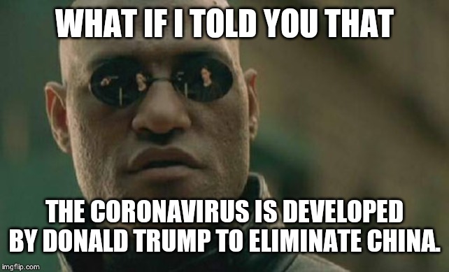 Matrix Morpheus | WHAT IF I TOLD YOU THAT; THE CORONAVIRUS IS DEVELOPED BY DONALD TRUMP TO ELIMINATE CHINA. | image tagged in memes,matrix morpheus | made w/ Imgflip meme maker