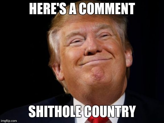Smug Trump | HERE'S A COMMENT SHITHOLE COUNTRY | image tagged in smug trump | made w/ Imgflip meme maker