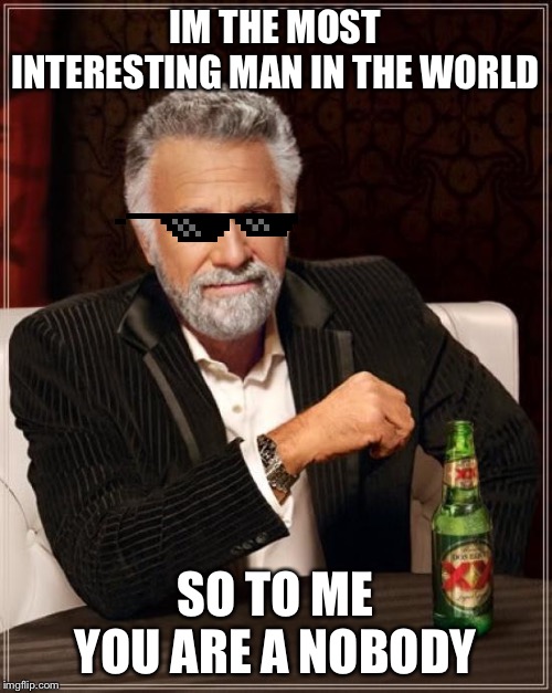 The Most Interesting Man In The World Meme | IM THE MOST INTERESTING MAN IN THE WORLD; SO TO ME YOU ARE A NOBODY | image tagged in memes,the most interesting man in the world | made w/ Imgflip meme maker