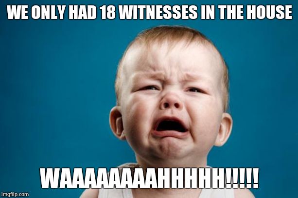 BABY CRYING | WE ONLY HAD 18 WITNESSES IN THE HOUSE WAAAAAAAAHHHHH!!!!! | image tagged in baby crying | made w/ Imgflip meme maker