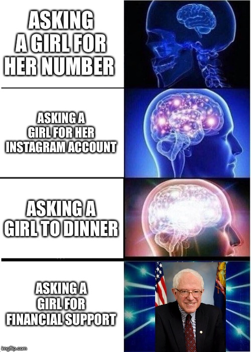 Expanding Brain |  ASKING A GIRL FOR HER NUMBER; ASKING A GIRL FOR HER INSTAGRAM ACCOUNT; ASKING A GIRL TO DINNER; ASKING A GIRL FOR FINANCIAL SUPPORT | image tagged in memes,expanding brain | made w/ Imgflip meme maker