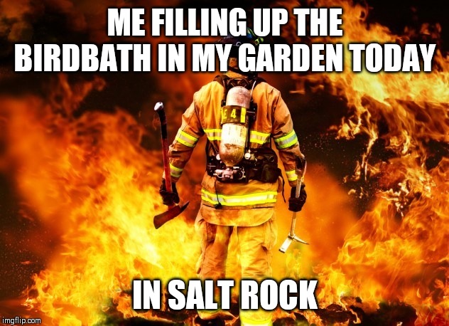fireman | ME FILLING UP THE BIRDBATH IN MY GARDEN TODAY; IN SALT ROCK | image tagged in fireman | made w/ Imgflip meme maker