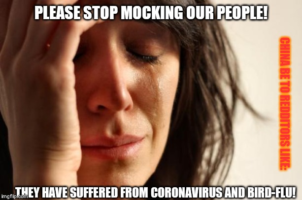 First World Problems | PLEASE STOP MOCKING OUR PEOPLE! CHINA BE TO REDDITORS LIKE:; THEY HAVE SUFFERED FROM CORONAVIRUS AND BIRD-FLU! | image tagged in memes,first world problems | made w/ Imgflip meme maker