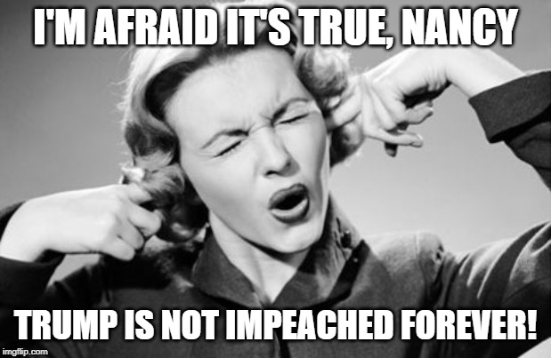 If I ignore the truth it will go away | I'M AFRAID IT'S TRUE, NANCY; TRUMP IS NOT IMPEACHED FOREVER! | image tagged in if i ignore the truth it will go away | made w/ Imgflip meme maker