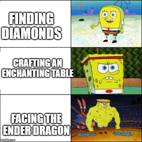 Spongebob strong | FINDING DIAMONDS; CRAFTING AN ENCHANTING TABLE; FACING THE ENDER DRAGON | image tagged in spongebob strong | made w/ Imgflip meme maker