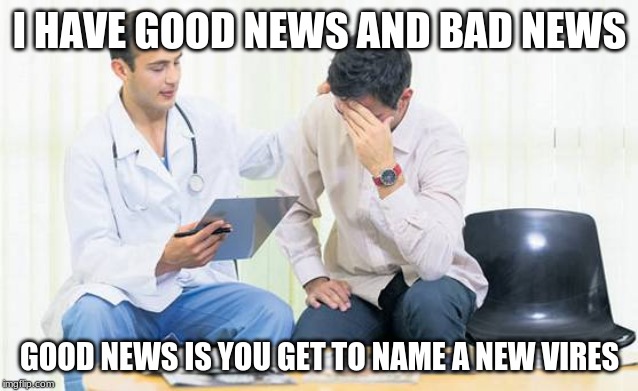 Doctor | I HAVE GOOD NEWS AND BAD NEWS; GOOD NEWS IS YOU GET TO NAME A NEW VIRES | image tagged in doctor | made w/ Imgflip meme maker