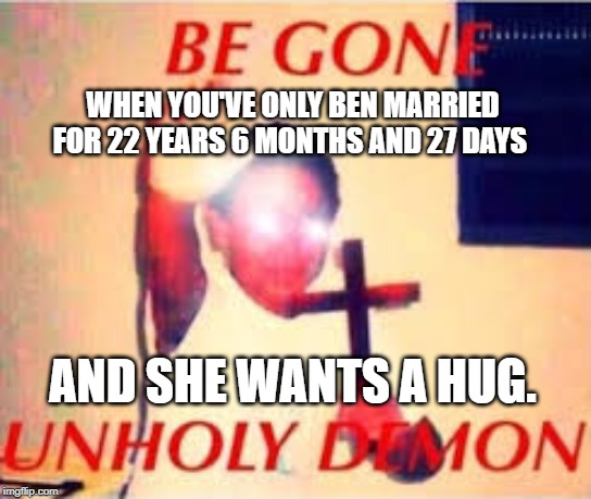 be gone | WHEN YOU'VE ONLY BEN MARRIED FOR 22 YEARS 6 MONTHS AND 27 DAYS; AND SHE WANTS A HUG. | image tagged in lol | made w/ Imgflip meme maker