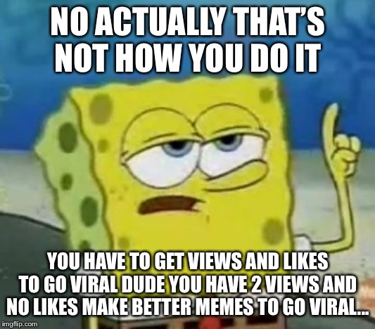 I'll Have You Know Spongebob | NO ACTUALLY THAT’S NOT HOW YOU DO IT; YOU HAVE TO GET VIEWS AND LIKES TO GO VIRAL DUDE YOU HAVE 2 VIEWS AND NO LIKES MAKE BETTER MEMES TO GO VIRAL... | image tagged in memes,ill have you know spongebob | made w/ Imgflip meme maker