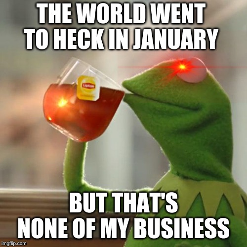 But That's None Of My Business | THE WORLD WENT TO HECK IN JANUARY; BUT THAT'S NONE OF MY BUSINESS | image tagged in memes,but thats none of my business,kermit the frog | made w/ Imgflip meme maker
