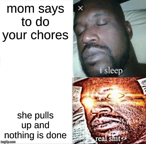 Sleeping Shaq Meme | mom says to do your chores; she pulls up and nothing is done | image tagged in memes,sleeping shaq | made w/ Imgflip meme maker