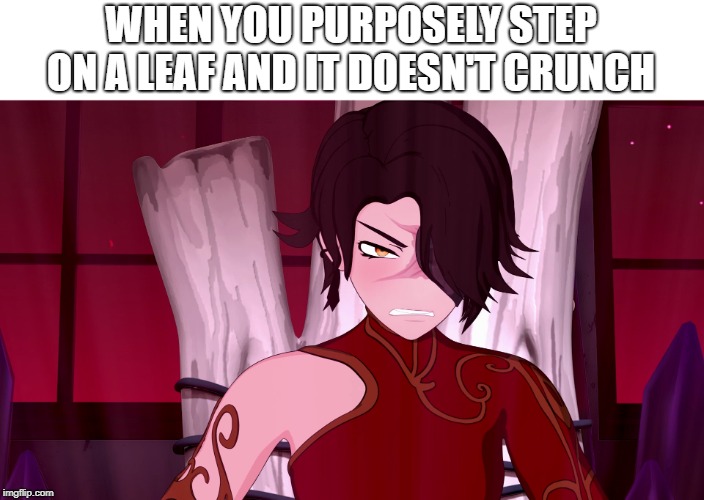 when you purposely step on a leaf and it doesn't crunch | WHEN YOU PURPOSELY STEP ON A LEAF AND IT DOESN'T CRUNCH | image tagged in rwby,leafs | made w/ Imgflip meme maker