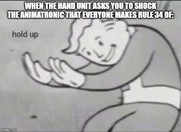 This was my reaction | WHEN THE HAND UNIT ASKS YOU TO SHOCK THE ANIMATRONIC THAT EVERYONE MAKES RULE 34 OF: | image tagged in fallout hold up,exotic butters | made w/ Imgflip meme maker