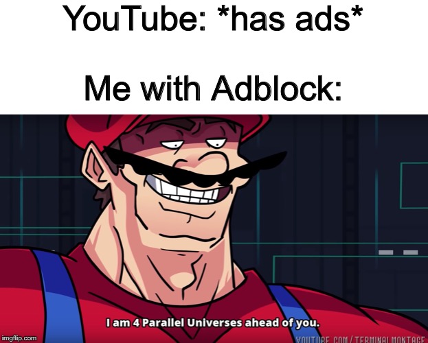 Mario I am four parallel universes ahead of you | YouTube: *has ads*; Me with Adblock: | image tagged in mario i am four parallel universes ahead of you | made w/ Imgflip meme maker