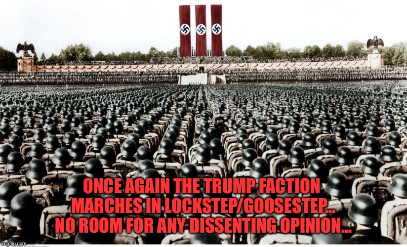 ONCE AGAIN THE TRUMP FACTION 
MARCHES IN LOCKSTEP/GOOSESTEP...
NO ROOM FOR ANY DISSENTING OPINION... | made w/ Imgflip meme maker