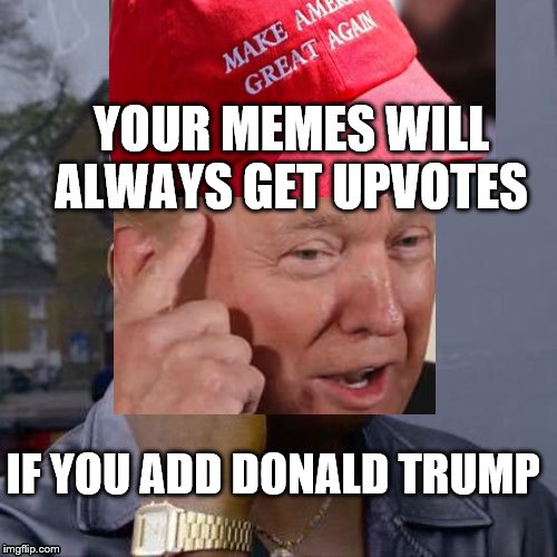 Trump think about it | YOUR MEMES WILL ALWAYS GET UPVOTES; IF YOU ADD DONALD TRUMP | image tagged in donald trump,roll safe think about it | made w/ Imgflip meme maker
