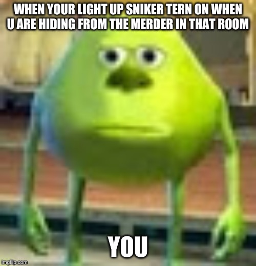 Sully Wazowski | WHEN YOUR LIGHT UP SNIKER TERN ON WHEN U ARE HIDING FROM THE MERDER IN THAT ROOM; YOU | image tagged in sully wazowski | made w/ Imgflip meme maker