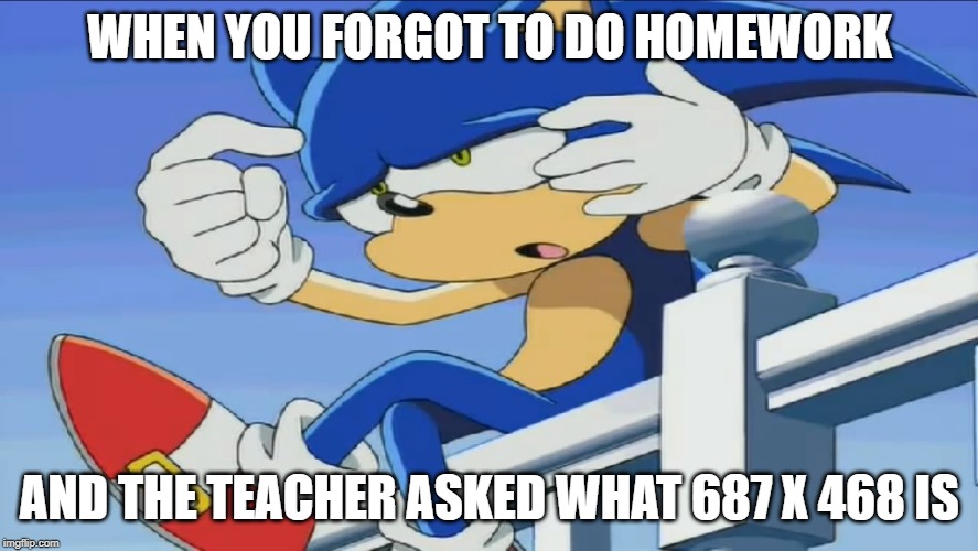 Sonic Can't Remember - Sonic X | WHEN YOU FORGOT TO DO HOMEWORK; AND THE TEACHER ASKED WHAT 687 X 468 IS | image tagged in sonic can't remember - sonic x | made w/ Imgflip meme maker