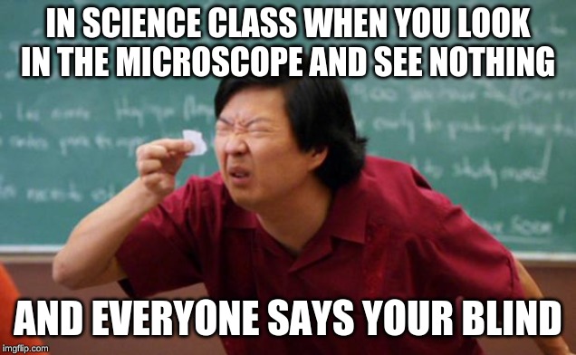 Tiny piece of paper | IN SCIENCE CLASS WHEN YOU LOOK IN THE MICROSCOPE AND SEE NOTHING; AND EVERYONE SAYS YOUR BLIND | image tagged in tiny piece of paper | made w/ Imgflip meme maker