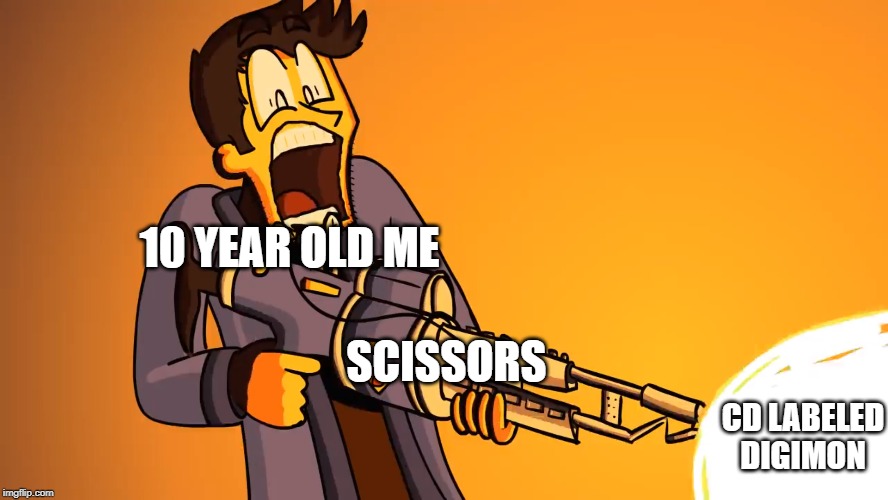 Mark with flamethrower | 10 YEAR OLD ME; SCISSORS; CD LABELED DIGIMON | image tagged in markiplier,flamethrower,resident evil,gaming | made w/ Imgflip meme maker
