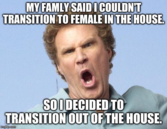My Weekend Story | MY FAMLY SAID I COULDN'T TRANSITION TO FEMALE IN THE HOUSE. SO I DECIDED TO TRANSITION OUT OF THE HOUSE. | image tagged in lgbt,thug life,for real,funny memes | made w/ Imgflip meme maker