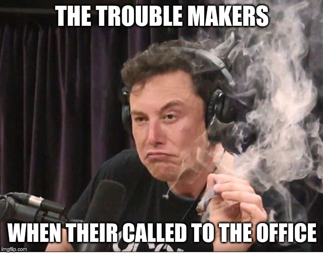 Welcome to school | THE TROUBLE MAKERS; WHEN THEIR CALLED TO THE OFFICE | image tagged in elon musk smoking a joint,school,office,big trouble | made w/ Imgflip meme maker