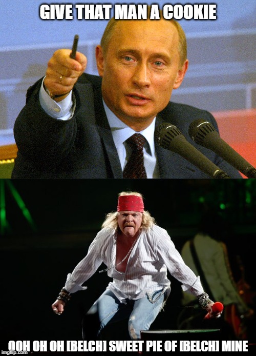 On the news that GNR is returning to Chicago to perform at Wrigley | GIVE THAT MAN A COOKIE; OOH OH OH [BELCH] SWEET PIE OF [BELCH] MINE | image tagged in putin give that man a cookie,fat axl | made w/ Imgflip meme maker