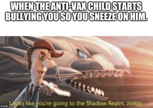 Looks like your going to the Shadow Realm Jimbo | WHEN THE ANTI-VAX CHILD STARTS BULLYING YOU SO YOU SNEEZE ON HIM. | image tagged in looks like your going to the shadow realm jimbo | made w/ Imgflip meme maker