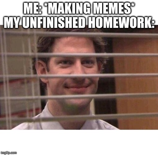 Jim Office Blinds | ME: *MAKING MEMES*
MY UNFINISHED HOMEWORK: | image tagged in jim office blinds | made w/ Imgflip meme maker