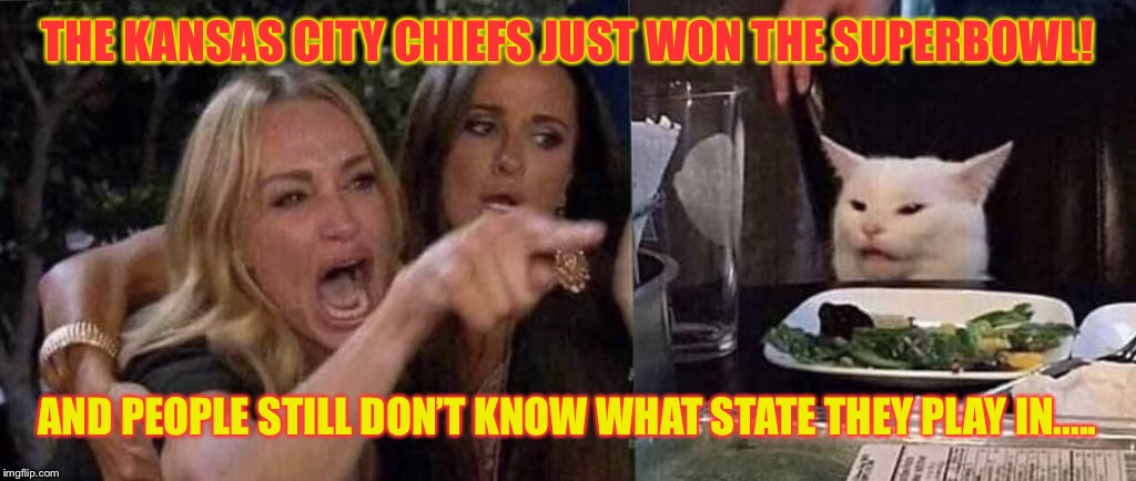woman yelling at cat | THE KANSAS CITY CHIEFS JUST WON THE SUPERBOWL! AND PEOPLE STILL DON’T KNOW WHAT STATE THEY PLAY IN..... | image tagged in woman yelling at cat | made w/ Imgflip meme maker