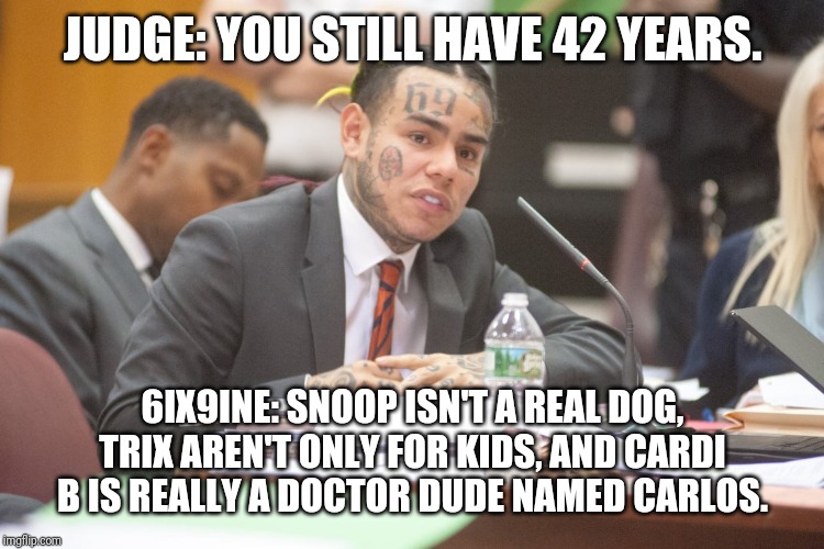 Tekashi 6ix9ine testifies | JUDGE: YOU STILL HAVE 42 YEARS. 6IX9INE: SNOOP ISN'T A REAL DOG, TRIX AREN'T ONLY FOR KIDS, AND CARDI B IS REALLY A DOCTOR DUDE NAMED CARLOS. | image tagged in tekashi 6ix9ine testifies | made w/ Imgflip meme maker