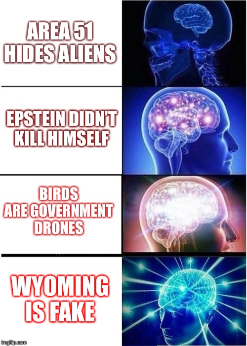 Expanding Brain | AREA 51 HIDES ALIENS; EPSTEIN DIDN’T KILL HIMSELF; BIRDS ARE GOVERNMENT DRONES; WYOMING IS FAKE | image tagged in memes,expanding brain | made w/ Imgflip meme maker