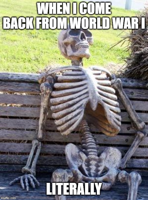 Waiting Skeleton Meme | WHEN I COME BACK FROM WORLD WAR I; LITERALLY | image tagged in memes,waiting skeleton | made w/ Imgflip meme maker
