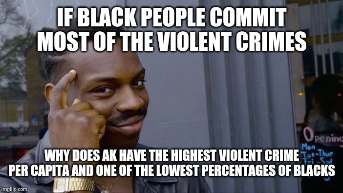 Oops! Those Pesky Facts | IF BLACK PEOPLE COMMIT MOST OF THE VIOLENT CRIMES; WHY DOES AK HAVE THE HIGHEST VIOLENT CRIME PER CAPITA AND ONE OF THE LOWEST PERCENTAGES OF BLACKS | image tagged in roll safe think about it,racism,white people,black people,violence,lies | made w/ Imgflip meme maker