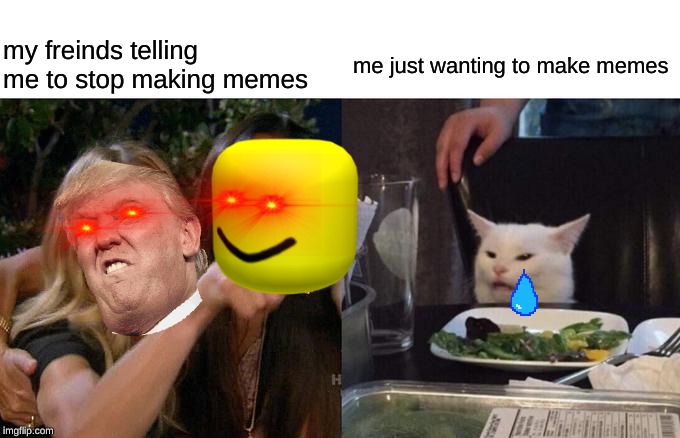 Woman Yelling At Cat Meme | my freinds telling me to stop making memes; me just wanting to make memes | image tagged in memes,woman yelling at cat | made w/ Imgflip meme maker