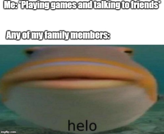 helo | Me: *Playing games and talking to friends*; Any of my family members: | image tagged in helo | made w/ Imgflip meme maker