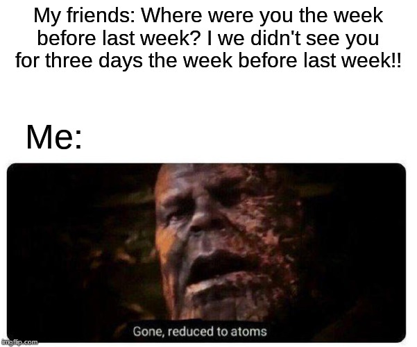 gone reduced to atoms | My friends: Where were you the week before last week? I we didn't see you for three days the week before last week!! Me: | image tagged in gone reduced to atoms | made w/ Imgflip meme maker