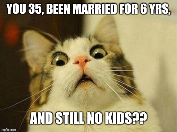 Scared Cat | YOU 35, BEEN MARRIED FOR 6 YRS, AND STILL NO KIDS?? | image tagged in memes,scared cat | made w/ Imgflip meme maker