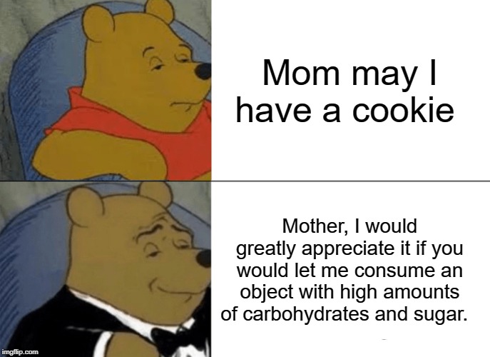 Tuxedo Winnie The Pooh | Mom may I have a cookie; Mother, I would greatly appreciate it if you would let me consume an object with high amounts of carbohydrates and sugar. | image tagged in memes,tuxedo winnie the pooh | made w/ Imgflip meme maker