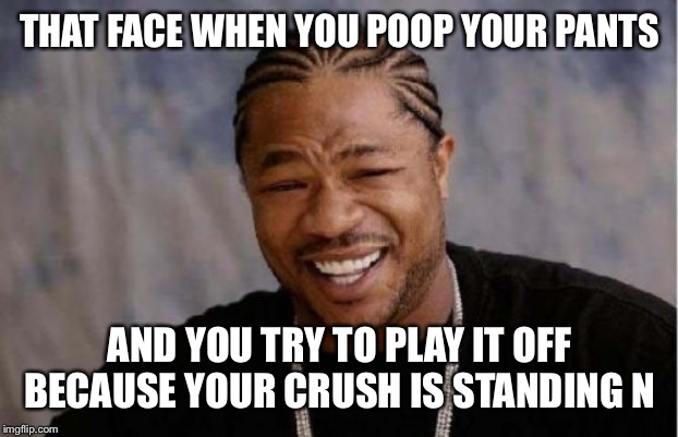 Yo Dawg Heard You | THAT FACE WHEN YOU POOP YOUR PANTS; AND YOU TRY TO PLAY IT OFF BECAUSE YOUR CRUSH IS STANDING NEXT TO YOU | image tagged in memes,yo dawg heard you | made w/ Imgflip meme maker